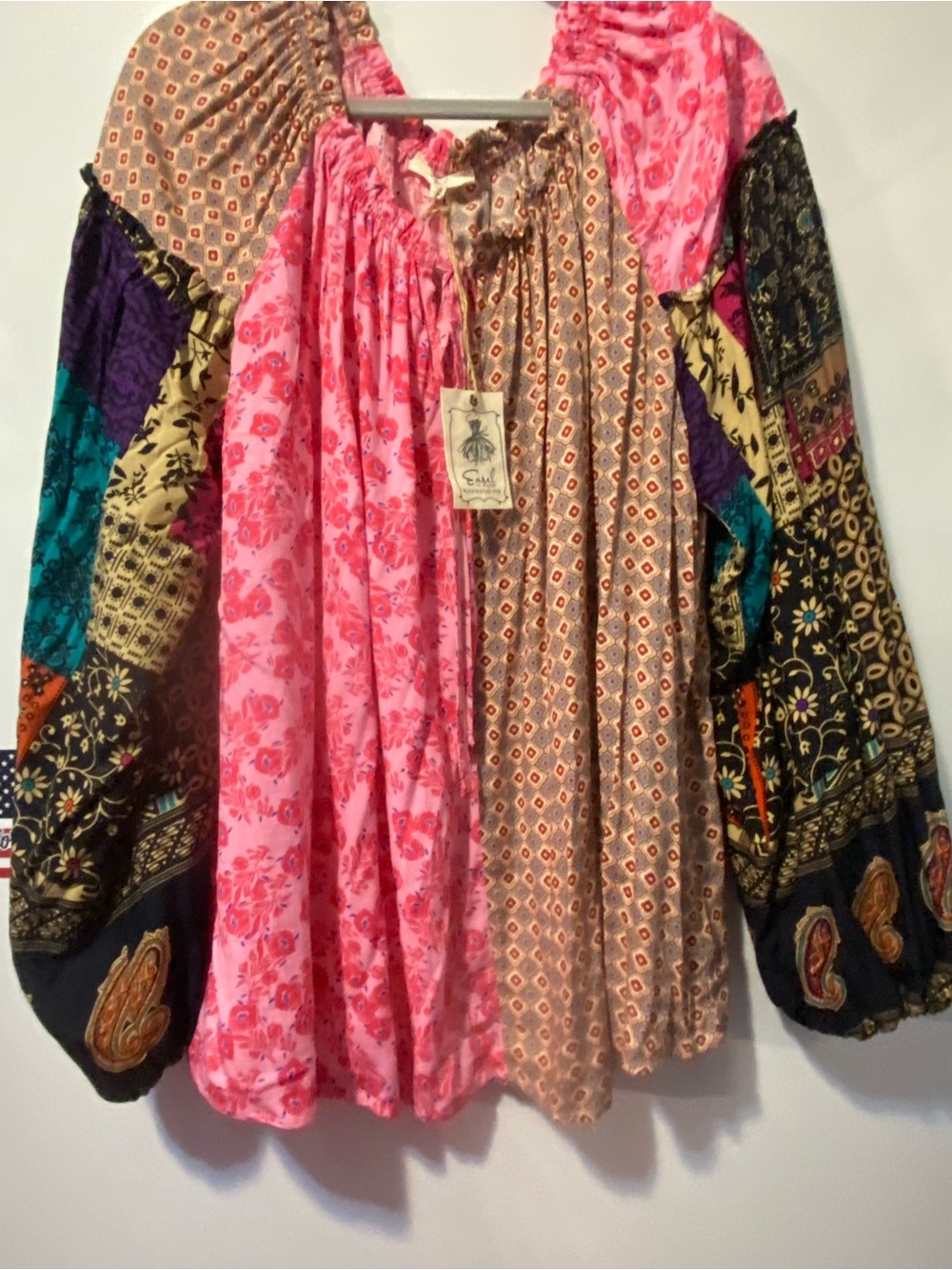 Bohemian Patchwork Pink Floral Peasant Blouse